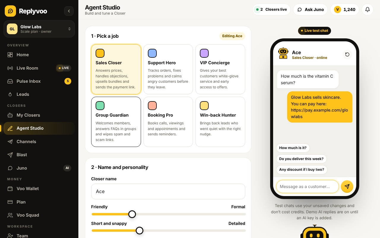 Agent Studio with the Training Coach, the training score and the test chat on the right
