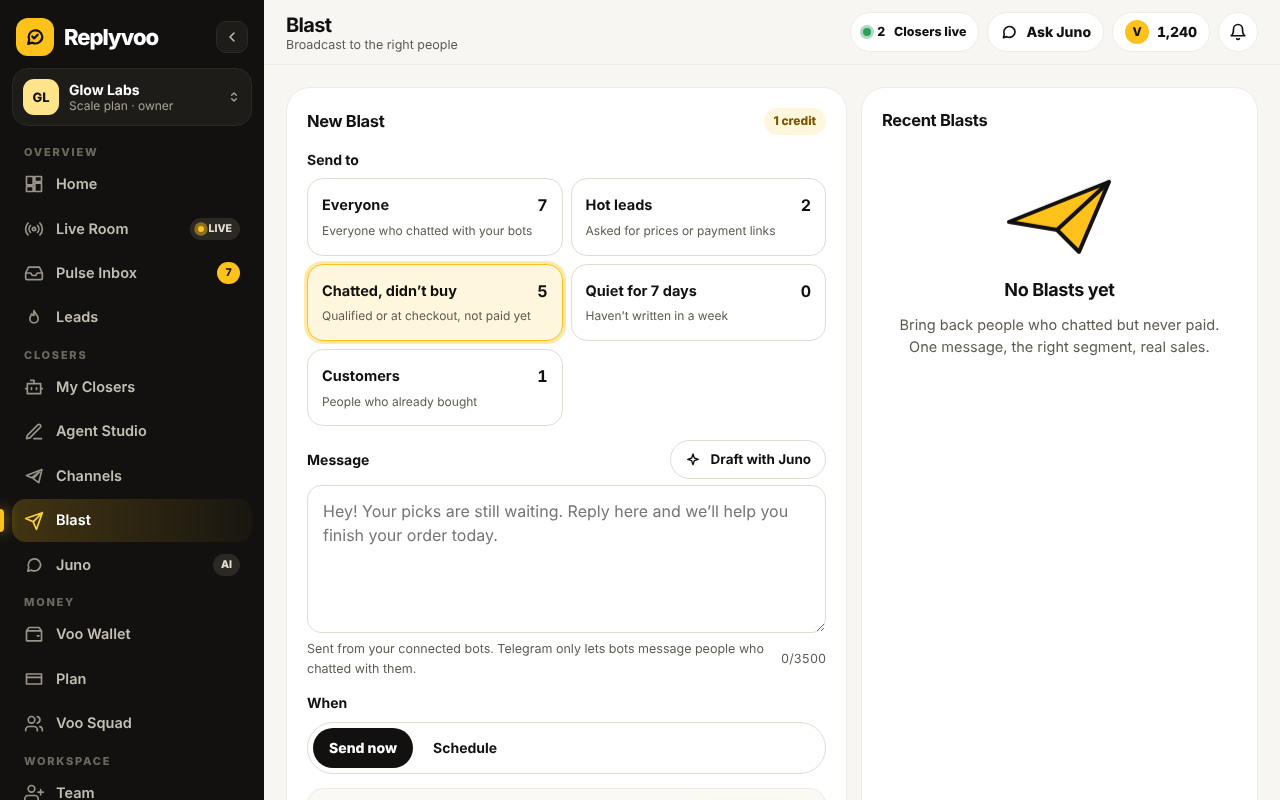 Blast composer with audience segment, message preview and credit estimate