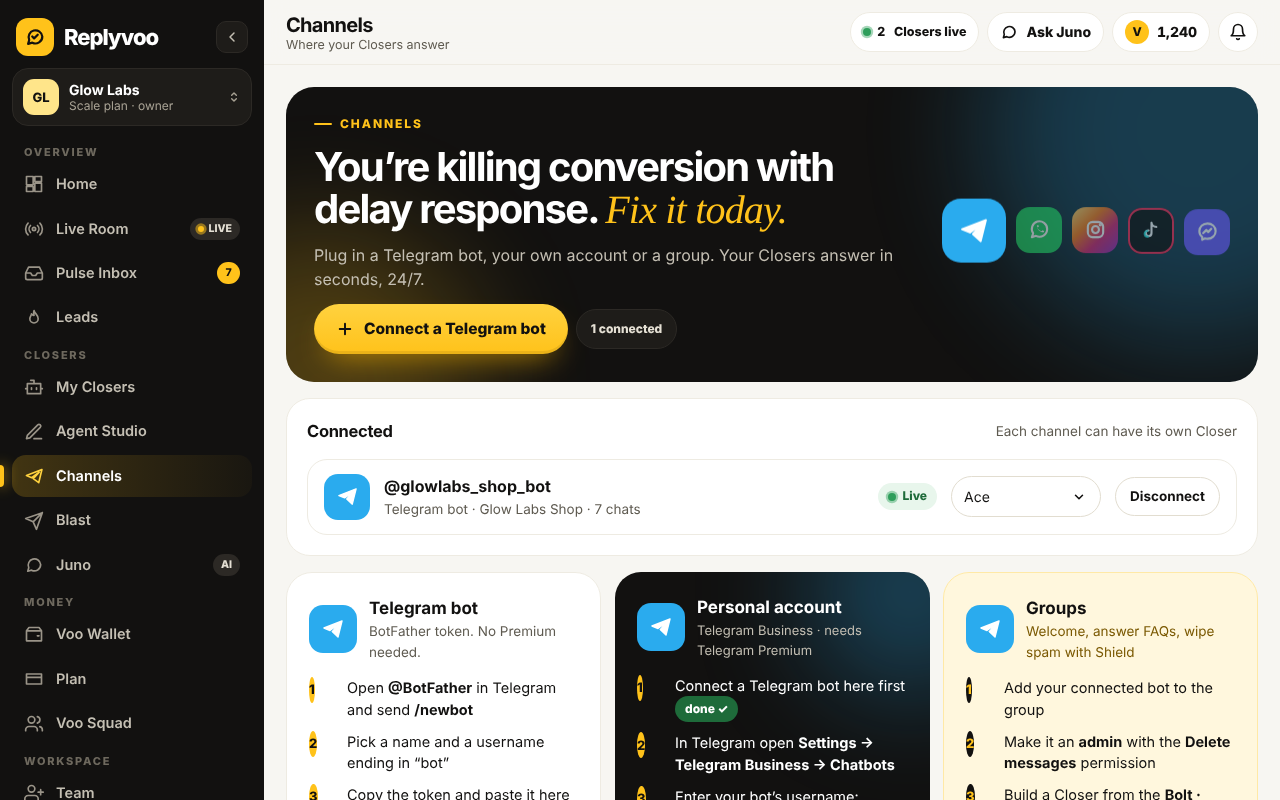 Channels page with Telegram connected and WhatsApp, Instagram and TikTok marked coming soon