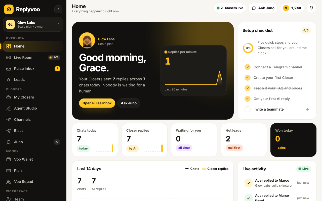 Replyvoo Command Center showing conversations, leads and Closer activity