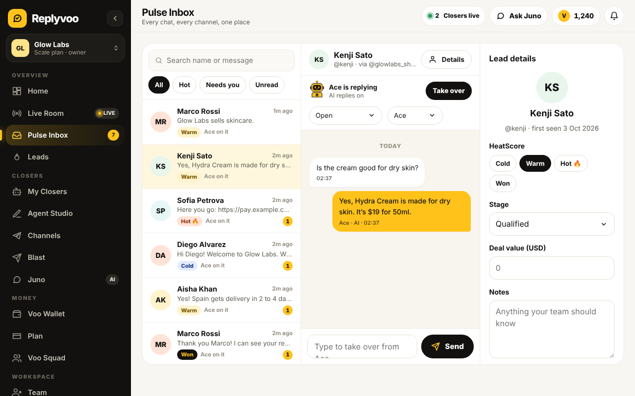 Pulse Inbox showing a live Telegram conversation with the AI replies toggle