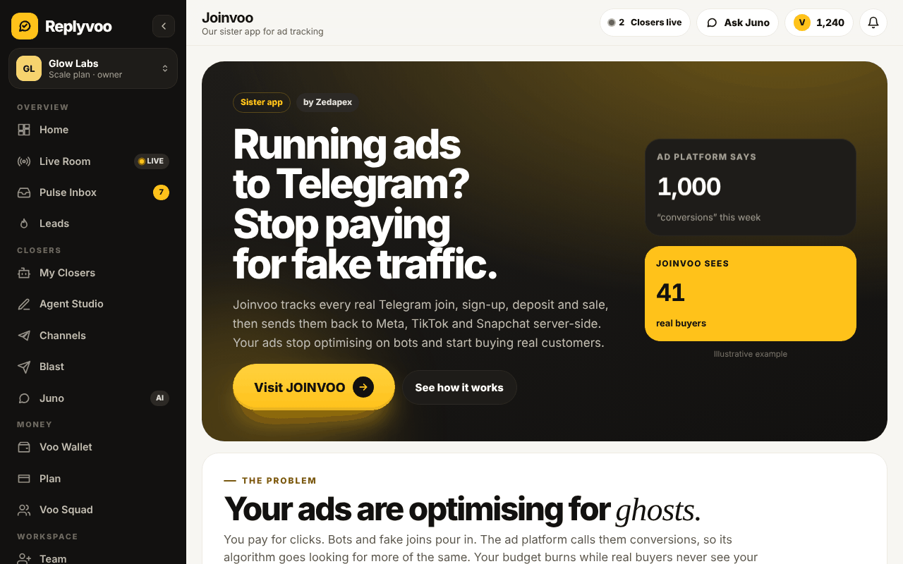 Joinvoo dashboard tracking Telegram joins, sign-ups and deposits by ad