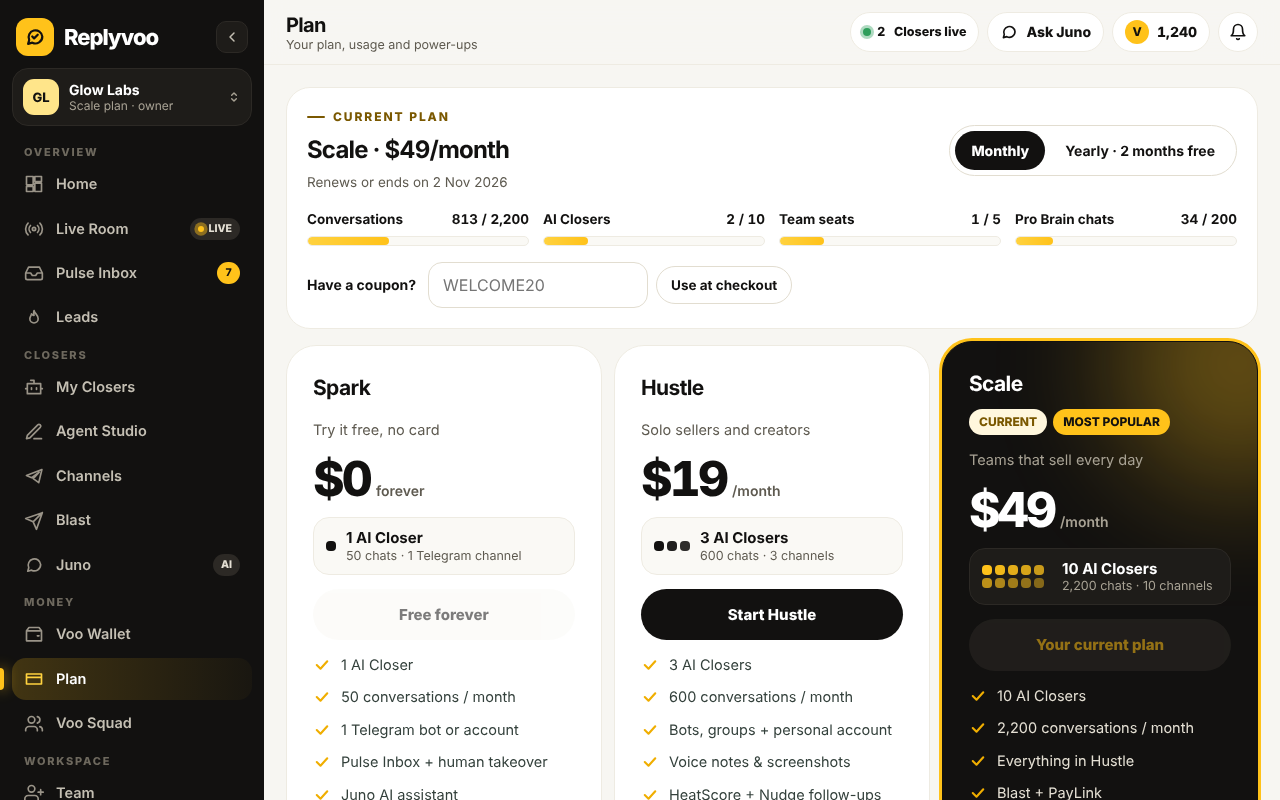 Plans page showing Spark, Starter, Growth, Pro, Business and Titan