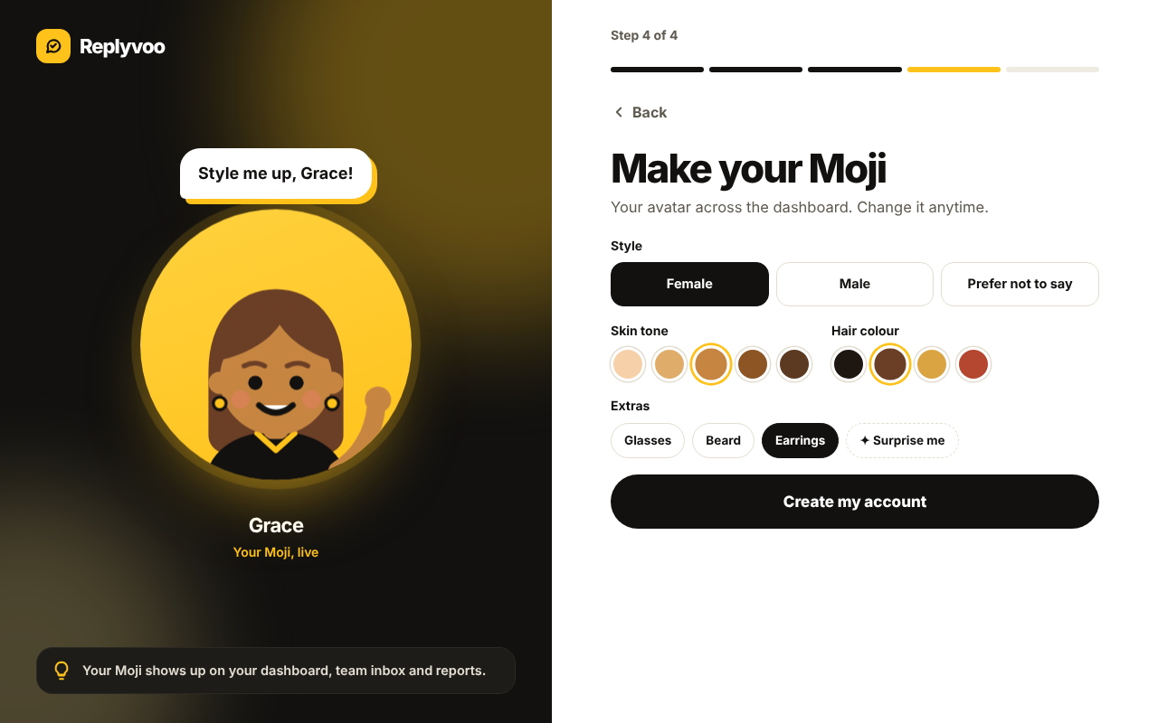 Replyvoo sign-up screen with business name and email fields