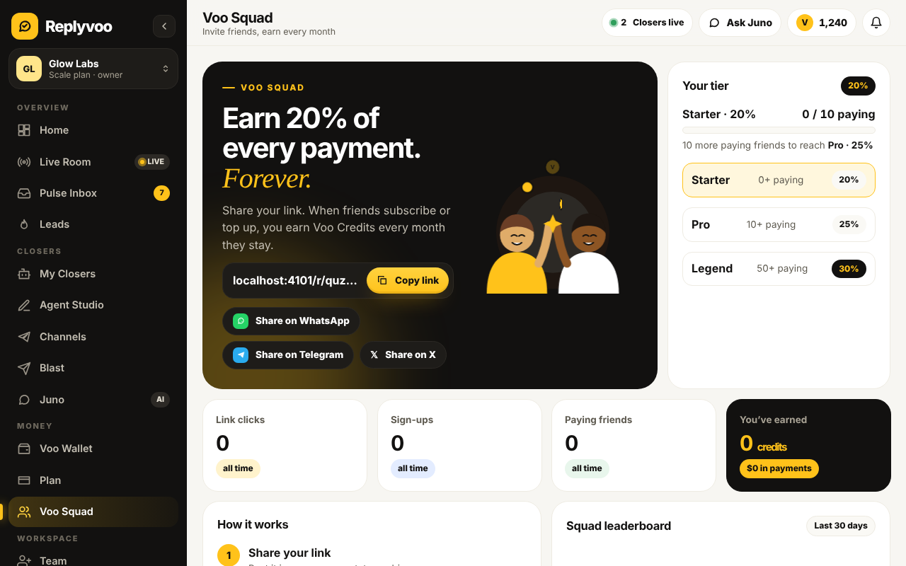 Voo Squad dashboard with referral link, tier progress and earnings