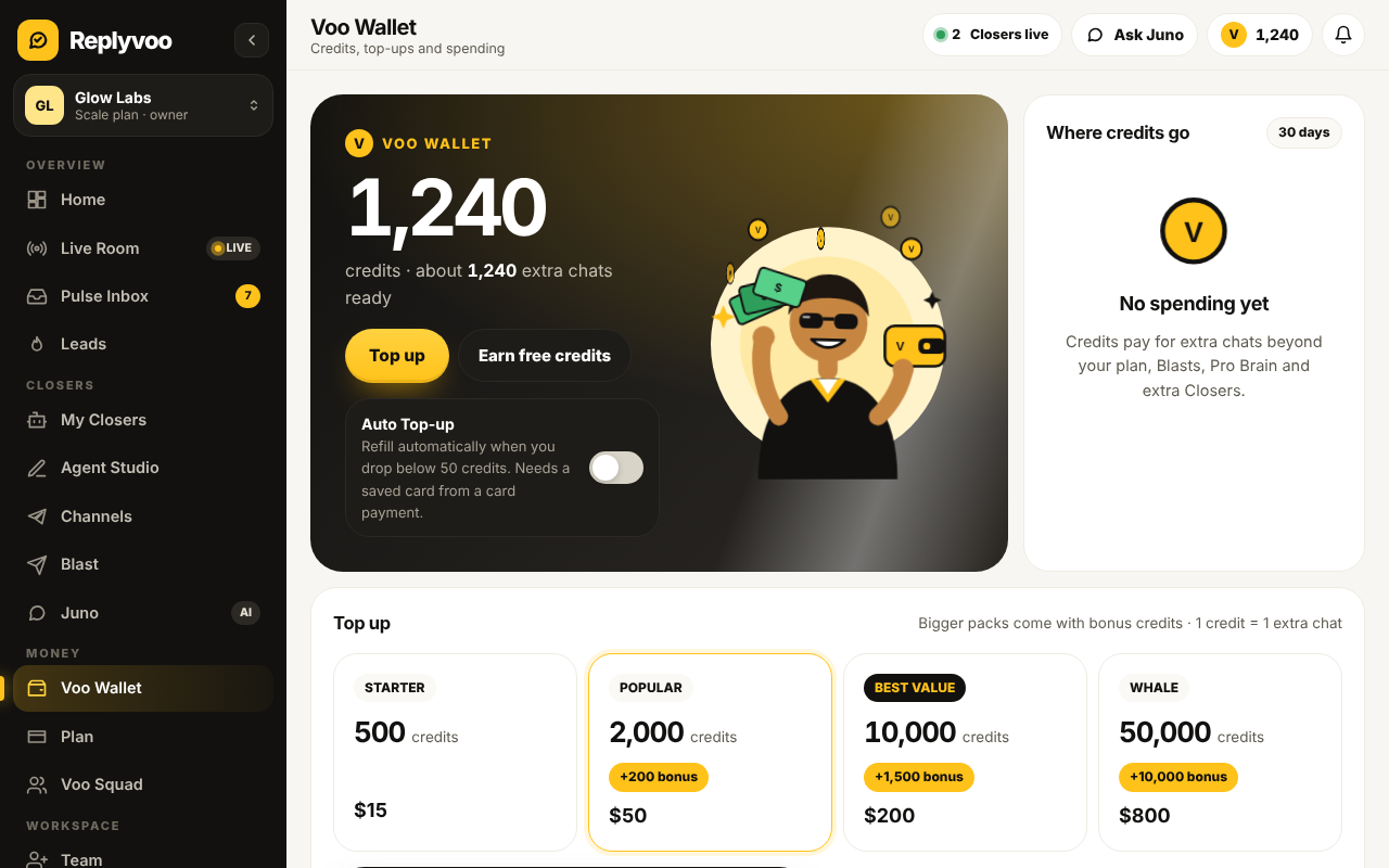 Voo Wallet showing credit balance, packs and Auto Top-up